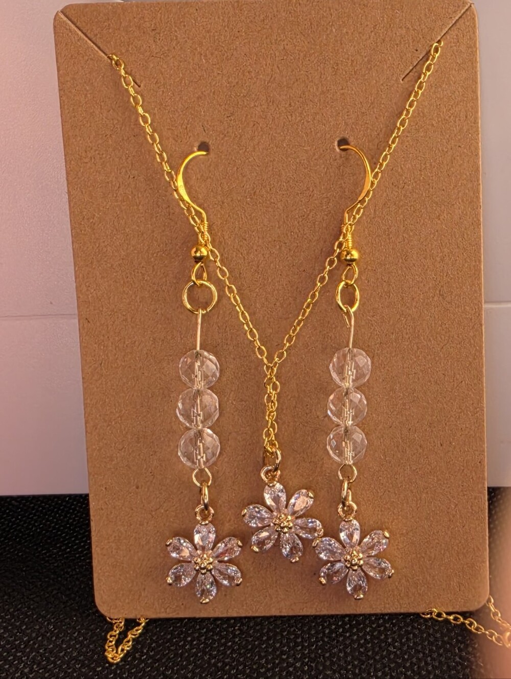 Gold Floral Crystal Necklace with Clear Bead Dangles Earrings